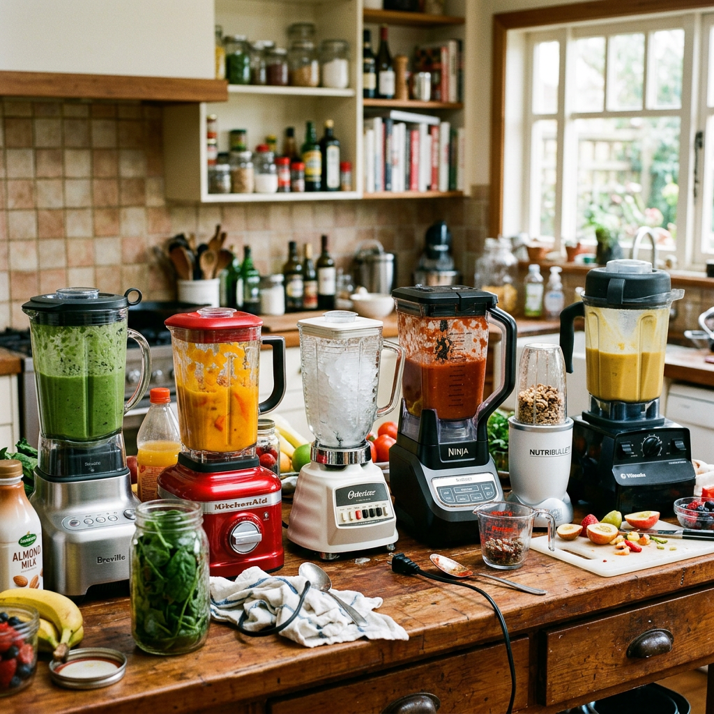 Multiple blenders with colorful smoothies and fresh ingredients on a kitchen counter