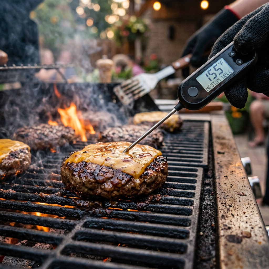 Gloved hand checking a cheeseburger with a digital meat thermometer