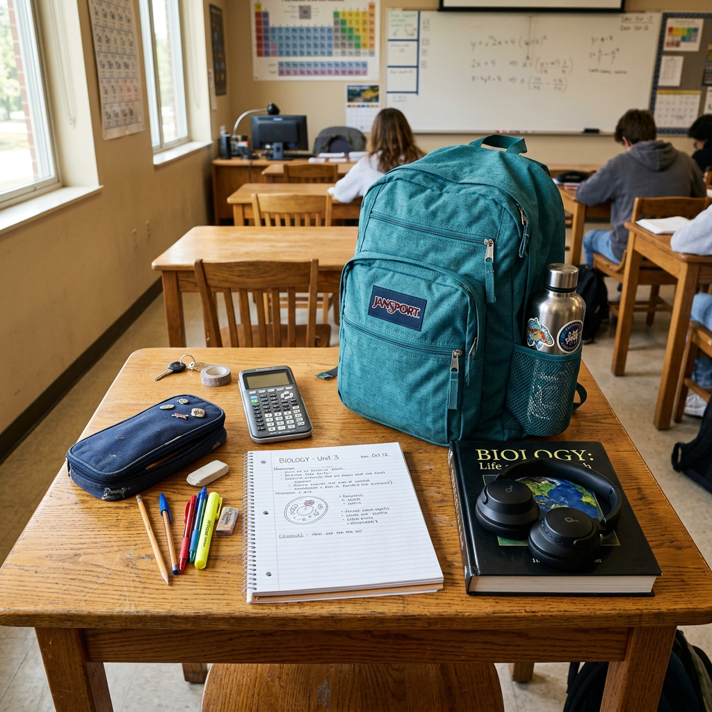Teal backpack, calculator, notebook, biology textbook, headphones, and water bottle on desk