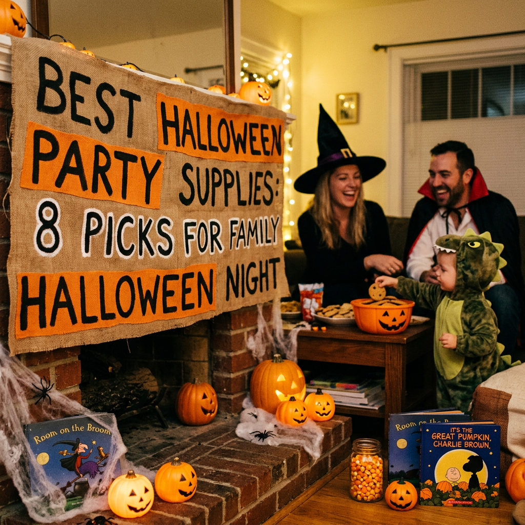 Halloween sign reads “BEST HALLOWEEN PARTY SUPPLIES 8 PICKS FOR FAMILY HALLOWEEN NIGHT”; family in costumes celebrates nearby, with books titled “Room on the Broom” and “It’s the Great Pumpkin, Charlie Brown!”