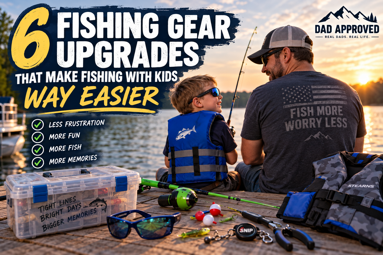 Dad and child fishing together with kid-friendly fishing gear on a dock